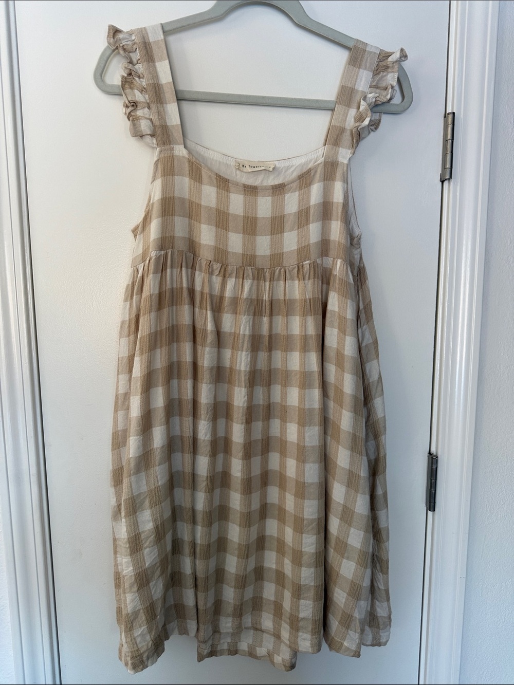 Together Beige and Cream Gingham Ruffle Strap Dress